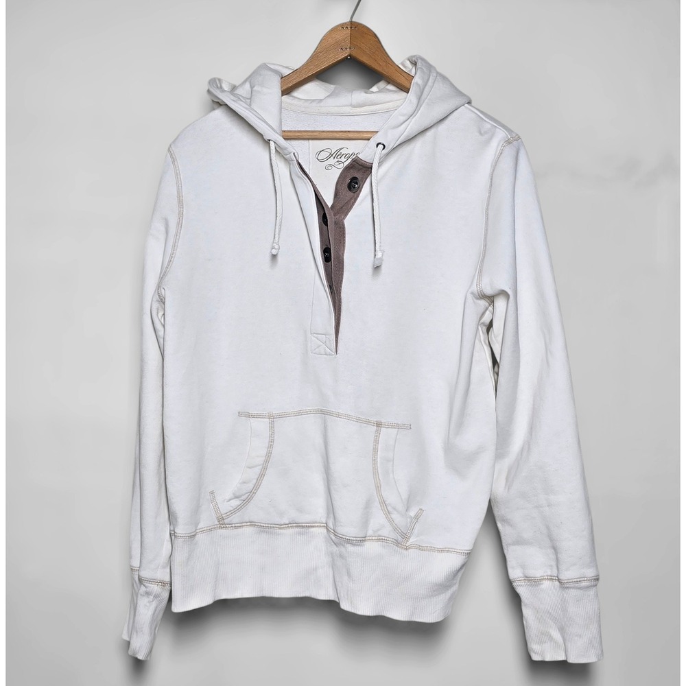 Aeropostale White Henley Hoodie Pullover Sweatshirt Size Large